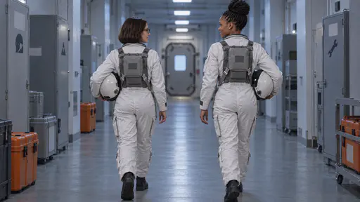 Seen from behind, two women in plain white flight suits with grey chest packs, one with a high knot of tight twists and one with a dark bob, walk side by side along a pale corridor toward a lit hatch door each carrying a white helmet under one arm.