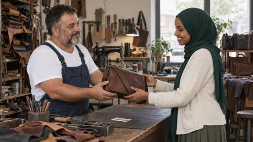A stocky man with a round face and short grey beard in dark blue overalls holds out a mended brown leather bag across a repair shop counter to a slim woman in an emerald-green hijab who reaches for it with both hands and a grateful smile with a blank ticket on the counter in warm afternoon light.