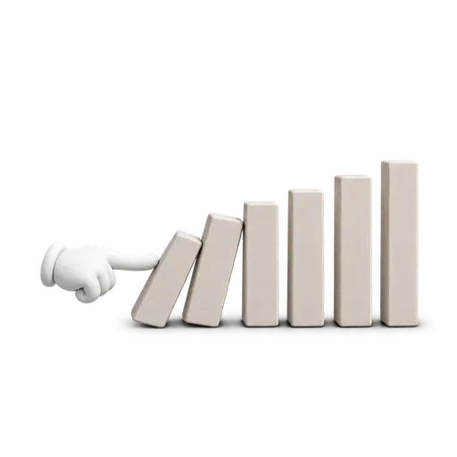 The domino effect: seven miniature office-tower dominoes in a straight row; a white cartoon glove's fingertip pushes the first, which topples into the second and third while the rest still stand — one event triggering a sequence of further events.