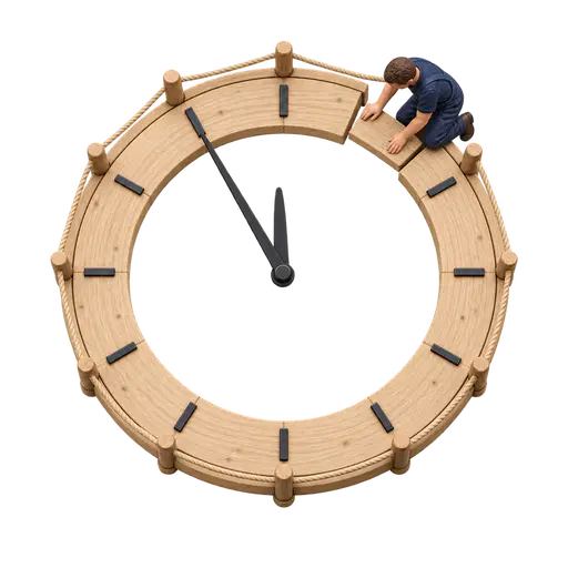 The eleventh hour: a tiny worker laying the final missing section of a circular clock-face bridge reading 11:55, acting when almost no time remains.
