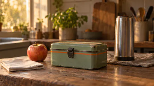 A dented sage-green steel lunchbox with a black clasp sits repacked and closed on a worn wooden kitchen counter beside a fresh apple, a folded napkin and a rinsed steel thermos drying upside down on a cloth in golden hour light.