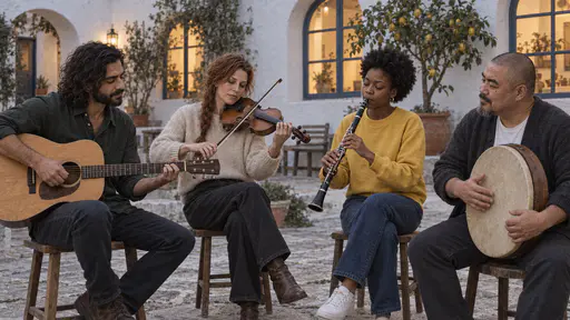 Four musicians with a guitar, a fiddle, a clarinet and a frame drum play on wooden stools in a whitewashed courtyard with glowing arched windows, a lemon tree and empty benches at dusk.