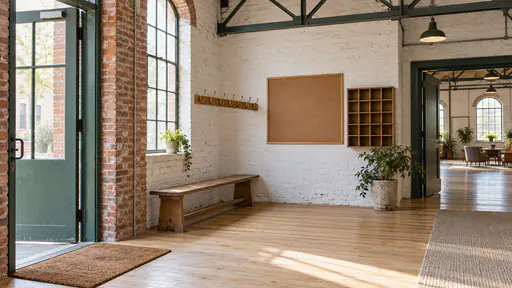 A converted red-brick warehouse entrance hall with a long timber bench under empty brass coat hooks, a blank corkboard and wooden pigeonholes beside a green steel door left ajar in soft morning light from a tall arched window.