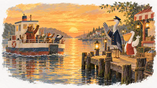 At golden sunset a small round-bellied ferry returns to the jetty with animal passengers waving from its rail while on the quay a tall grey heron in a navy coat raises a wing in greeting beside a round white pelican in a red apron waving a paper boat as lanterns come on.