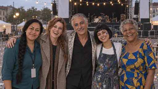 Five friends stand close together with arms around each other's shoulders laughing in a town square at dusk under strings of warm bulbs, a Samoan woman in a teal shirt, a freckled woman in an oatmeal coat, a silver-haired man in a sparkling silver jacket, a painter in a paint-splashed apron and an older woman in a wax-print dress.