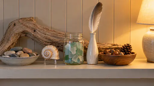 A painted wooden shelf displays pebbles in a shallow dish, a spiral shell on a small stand, sea glass in a jar, a gull feather in a narrow vase, acorns and a pine cone in a bowl and a driftwood curve in warm lamplight.
