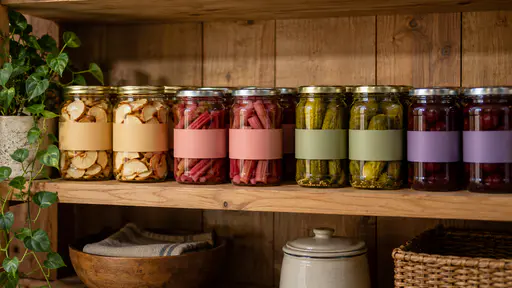 In warm lamp light a wooden pantry shelf holds rows of sealed jars of dried apples, red rhubarb, pickled cucumbers and purple plum compote in neat groups each under a blank paper label with a different plain colour band with a trailing vine in a small pot at one end.