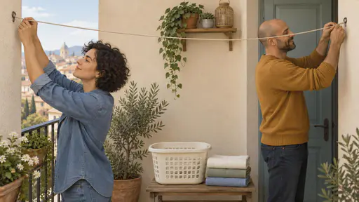 A woman and man tie opposite ends of a balcony clothesline above a cream basket and three folded towels on a wooden bench.