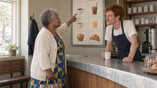 An older woman in a cobalt dress and cream cardigan points at a picture on a blank pictographic board to order at a zinc counter while a freckled server in a navy apron leans in to listen in warm morning window light.