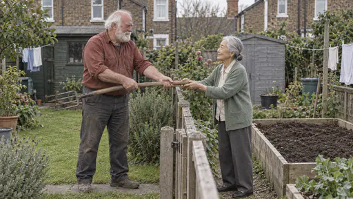 A broad man in his late sixties with a thick white beard in a rust-coloured work shirt passes a garden fork handle-first over a low wooden fence with its metal head kept on his side while a very small woman in her early eighties with silver-white hair in a low bun in a sage cardigan takes the handle with both hands beside an undug raised bed in clear midday light.