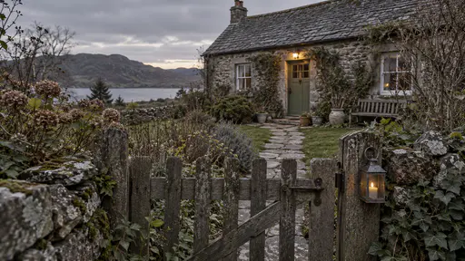 A low wooden garden gate stands closed but unlatched with its latch lifted and a small lantern hung on the gatepost and a flagstone path leading to a green front door with a light above in grey twilight.