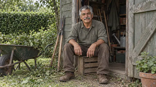 A silver-haired moustached gardener sits on an upturned wooden crate in a garden shed doorway with loosened boots, hands on his knees, long-handled shears against the frame and a wheelbarrow of cuttings behind in green shade.