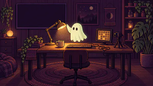 Cozy pixel-art halloween starting soon stream background: a small pale-mint ghost tilts an old architect desk lamp over a wooden desk with blank keyboard and mug, a game-grid monitor and tripod camera at right, and one broad blank dark-plum wall monitor above, in warm amber and plum night light.