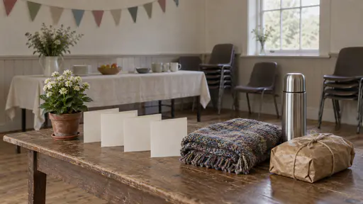A hall side table holds a small potted plant, a row of plain blank cream cards stood on edge, a folded knitted shawl, a plain steel flask and a loaf wrapped in plain brown paper with a paper garland soft behind in window light.