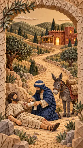 A stranger in an indigo robe kneels to bandage a wounded traveler beside a pack animal on a long road of folded paper triangles toward a distant lit inn in sand, clay red and olive modules.