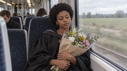 A young woman with a short rounded afro in a black graduation gown holds a large bouquet of mixed flowers upright against her chest on a train seat with fields passing in soft motion blur through the window in cool carriage light.