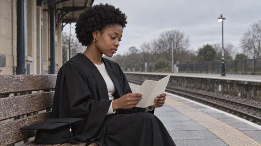 A young woman with a short rounded afro in a loosely worn black gown sits on a platform bench turning a plain folded blank programme in her fingers with her cap beside her and an empty platform and lamp behind in grey late light.