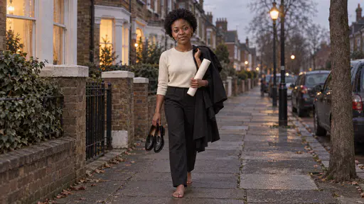 A young woman with a short rounded afro walks barefoot along a quiet dusk pavement carrying a pair of smart black shoes in one hand and a rolled tube under her other arm with a folded gown over her shoulder and lit terraced windows behind.