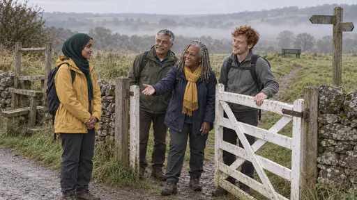 Three walkers inside an open white wooden field gate smile and hold out a hand to a newcomer in an emerald hijab standing hesitantly on the lane in soft morning mist.