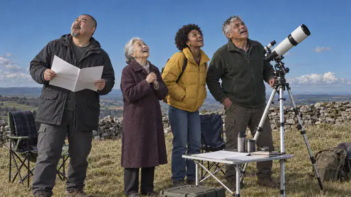 Four people stand and sit in a loose group on a hilltop field with heads tipped back looking up at the same patch of blue daytime sky as a white telescope points up behind them beside camp chairs and a table.