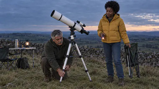 A silver-haired moustached man in a green fleece kneels adjusting the leg of a white refractor telescope tripod while a young woman in a mustard puffer jacket holds a dim red torch and a folding chair on a hilltop field at dusk.