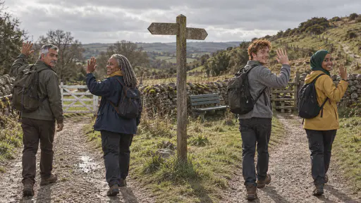 Four walkers split at a path junction with a blank wooden finger post, two taking the left path and two the right, waving to each other over their shoulders in long low light.