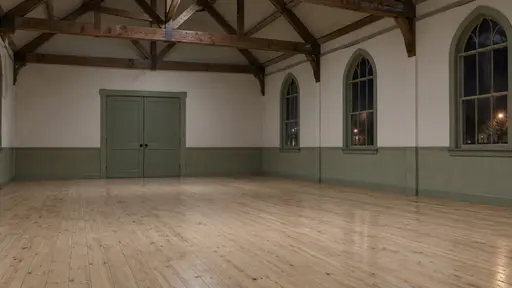 An empty community hall at night shows exposed timber roof beams, closed green double doors, a row of dark tall arched windows with a little streetlight on the glass and a bare clear pale wooden floor in low even light.