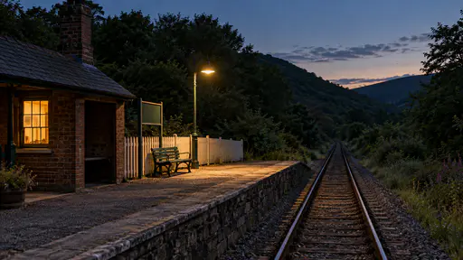 An empty stone railway halt platform is lit by one warm lamp on a post and a glowing brick shelter window with a white fence and green bench in its light as a single track runs off into a dark valley at blue dusk.