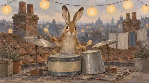 A brown hare with long upright ears plays a drum kit made of a biscuit tin, a tin bucket and two saucepan lids with wooden spoons in its front paws under a washing line in warm lantern light on a rooftop.
