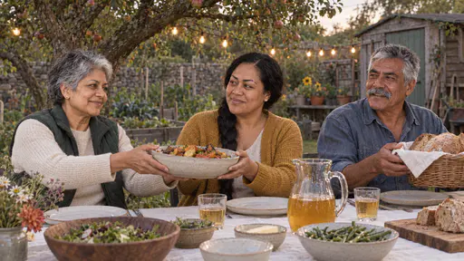 Three neighbours pass a bowl of roasted vegetables and a basket of bread along a long white-clothed outdoor table under an old apple tree at dusk with a jug and plates and warm bulbs strung overhead.