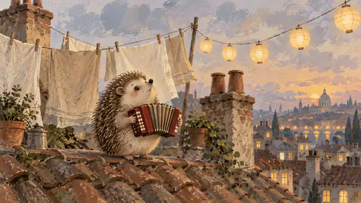 A round hedgehog with bristling spines squeezes a small red accordion with both front paws beside a washing line of swaying plain cloth and glowing paper lanterns on a terracotta rooftop at night.