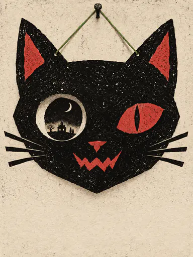 An original linocut halloween poster: a large black-paper cat mask with printed dusty-red eyes and whiskers hangs by a thin acid-green string from a plain round nail, filling a tall bone-paper frame; through its one round cut-through eyehole a tiny haunted house with two lit windows stands on a low hill under a slender crescent moon, all confined to the lower third of the hole; a wide empty bone-paper band across the bottom stays blank as title space.