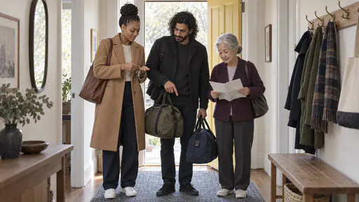 A tall woman in a camel coat checks keys in her palm, a bearded man in a charcoal jacket counts bags with a pointing finger and a very small elderly woman in a plum cardigan holds a folded map at an open yellow front door.