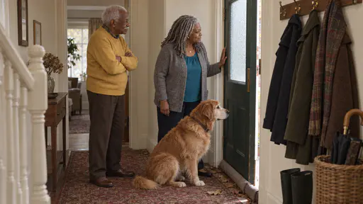 A silver-locked woman, a tall white-haired man and an old golden retriever stand together inside an entry hall with winter coats on the rack as the first cold wind blows leaves through the open door in warm late light.