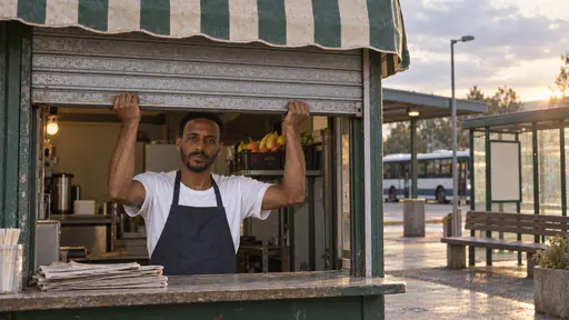 A tall bearded man in a navy apron pulls a metal shutter halfway down at a striped-awning bus station kiosk with unsold newspapers on the counter and a green shelter and a bus in the distance in low golden light.
