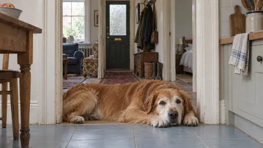An old golden retriever lies stretched right across an open kitchen doorway threshold with his chin on his front paws, filling the doorway from frame to frame over pale blue tiles.