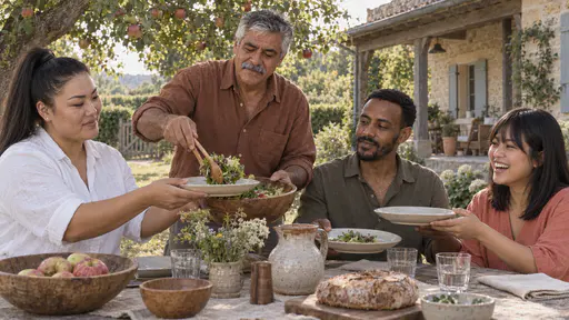 A grey-moustached elder in a rust-brown shirt serves salad at a long outdoor table under an apple tree while a woman with a high ponytail, a bearded man and a laughing woman with a fringe pass plates in warm light.
