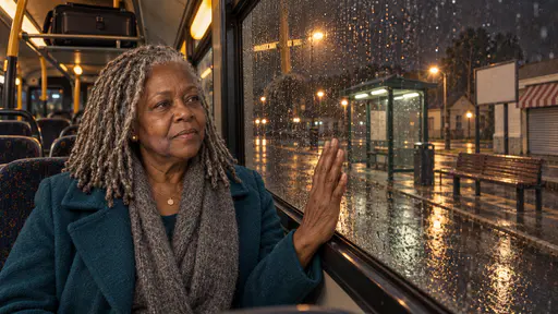 A full-figured woman with silver locs in a teal coat sits in the front seat of a bus at night with a suitcase on the rack above and her hand on the window looking out at a shuttered kiosk and an empty station slipping away.