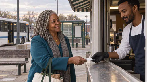 A full-figured woman with silver locs in a teal coat and grey scarf takes a single blank paper ticket from a bearded kiosk keeper in a navy apron at a half-shuttered hatch with a shopping bag at her feet in warm evening light.