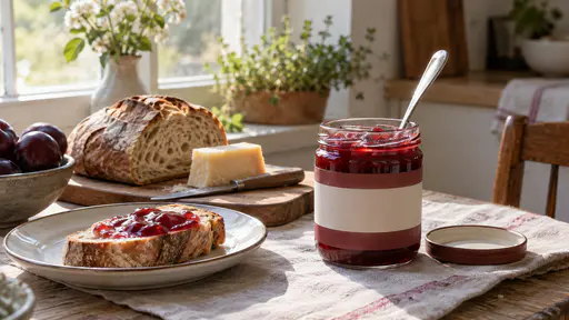 In bright morning light on a small kitchen nook table one opened jar of red plum compote with its lid beside it and a spoon in it stands next to a crusty loaf on a wooden board, a wedge of hard cheese and a knife and a plate with a slice of bread spread with compote.