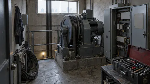 A lift machine room at the top of a shaft has a large steel motor, a grey control cabinet with its door open, a coil of steel cable, overalls on a hook and an open toolbox with tools laid neatly in dim work light.