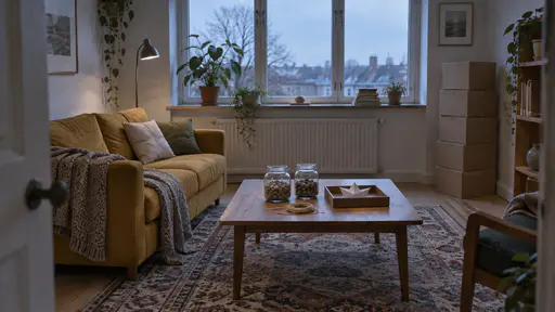 A tidy living room in quiet blue evening light has five cardboard boxes stacked in a corner, cushions back on a mustard sofa and two plain jars of pebbles, a coil of string and a paper boat in a shallow tray on a low wooden table.