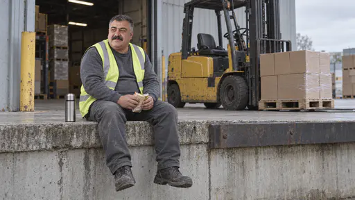 A heavyset moustached man in a high-visibility vest sits on the edge of a concrete loading bay holding a sandwich in his lap beside a steel flask with a parked yellow forklift and a loaded pallet behind him.