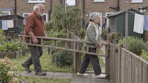 A broad man in his late sixties with a thick white beard in a rust-coloured work shirt and a very small woman in her early eighties with silver-white hair in a low bun in a sage cardigan carry a long wooden ladder back between them along a garden fence path, one holding each end at waist height as they walk toward the small gate in flat morning light.