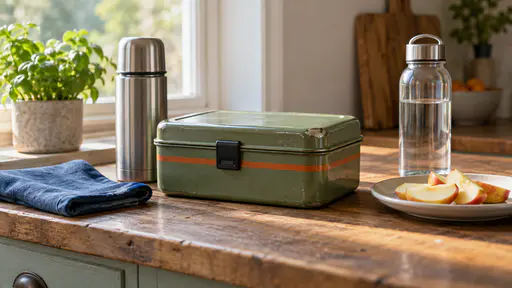A dented sage-green steel lunchbox with a black clasp and a faded orange stripe sits closed beside a steel thermos, a folded blue napkin and a plate of apple slices on a worn wooden kitchen counter in bright morning light.