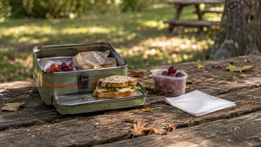 A dented sage-green steel lunchbox with a black clasp lies open on a weathered park picnic table with an unwrapped sandwich on its lid and a small tub of grapes and a napkin beside it in soft dappled shade.