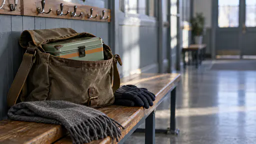 A dented sage-green steel lunchbox with a black clasp peeks out of the flap of an open canvas satchel on a corridor bench beside a folded scarf and a pair of gloves with a row of empty coat hooks behind in cool morning light.