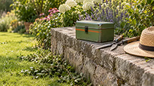 A dented sage-green steel lunchbox with a black clasp sits on the flat top of a low garden wall beside a pair of open garden shears and a straw hat with hedge cuttings on the grass below in bright midday sun.