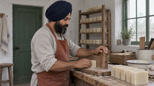 A turbaned bearded maker in a rust apron holds one finished pale soap bar against a marked wooden cutter board at a bench with more cut bars in a neat row and the curing rack behind in even work light.