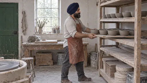 A turbaned bearded maker in a rust apron slides a wide wooden tray of just-formed grey clay bowls onto a slatted drying shelf with more bowls above and a clay-dusted pine bench behind in soft window light.